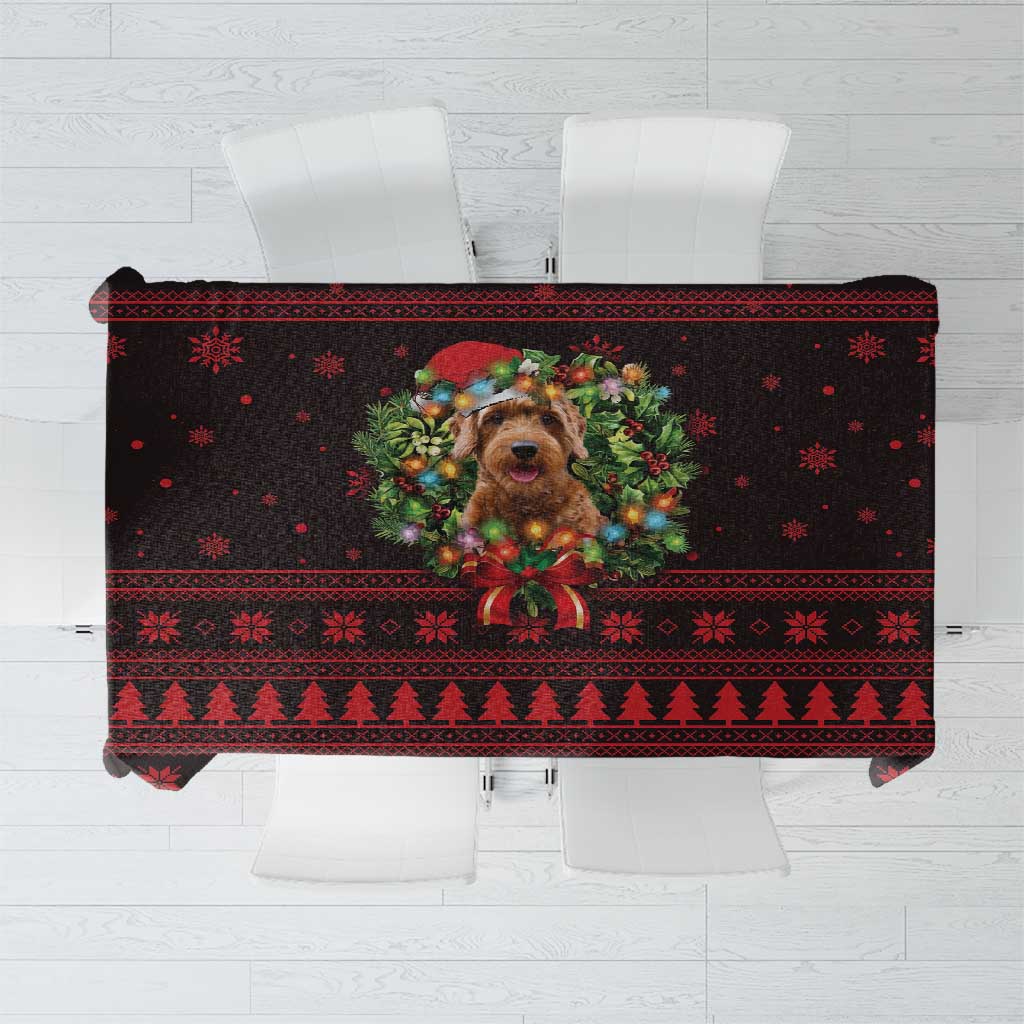 Wreath and Santa Dog in Red Tablecloth with Black Holiday Pattern Design - Wonder Print Shop