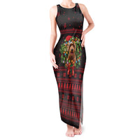 Wreath and Santa Dog in Red Tank Maxi Dress with Black Holiday Pattern Design - Wonder Print Shop