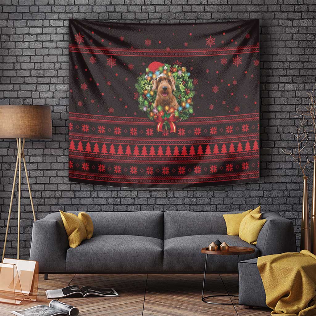 Wreath and Santa Dog in Red Tapestry with Black Holiday Pattern Design - Wonder Print Shop