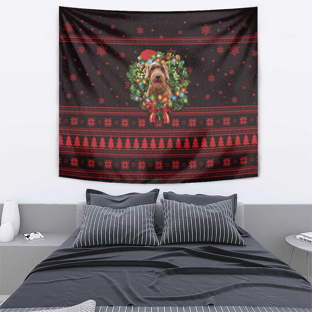 Wreath and Santa Dog in Red Tapestry with Black Holiday Pattern Design - Wonder Print Shop