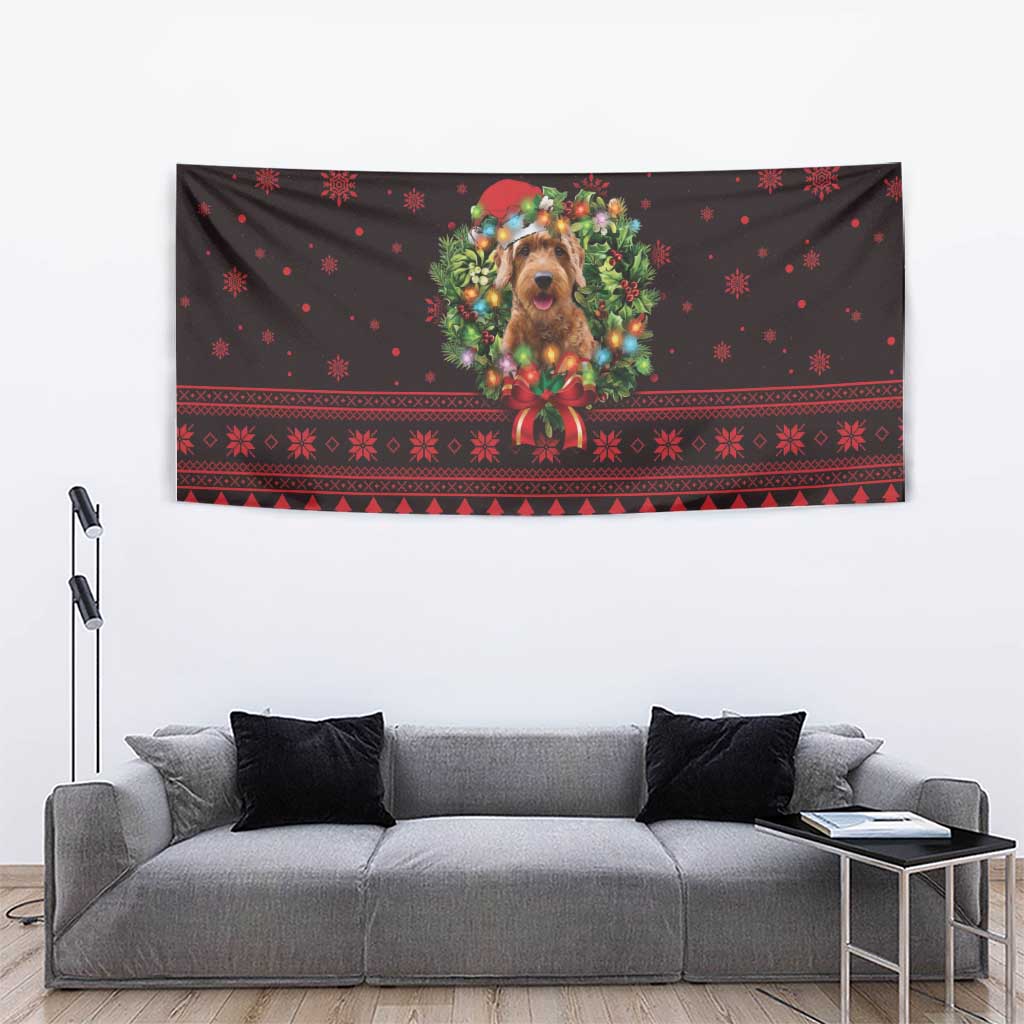 Wreath and Santa Dog in Red Tapestry with Black Holiday Pattern Design - Wonder Print Shop