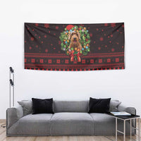 Wreath and Santa Dog in Red Tapestry with Black Holiday Pattern Design - Wonder Print Shop