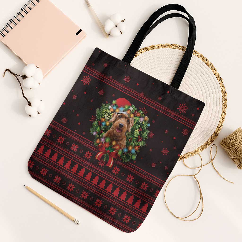 Wreath and Santa Dog in Red Tote Bag with Black Holiday Pattern Design - Wonder Print Shop