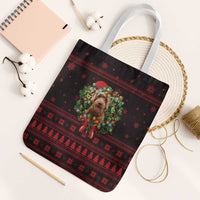 Wreath and Santa Dog in Red Tote Bag with Black Holiday Pattern Design - Wonder Print Shop