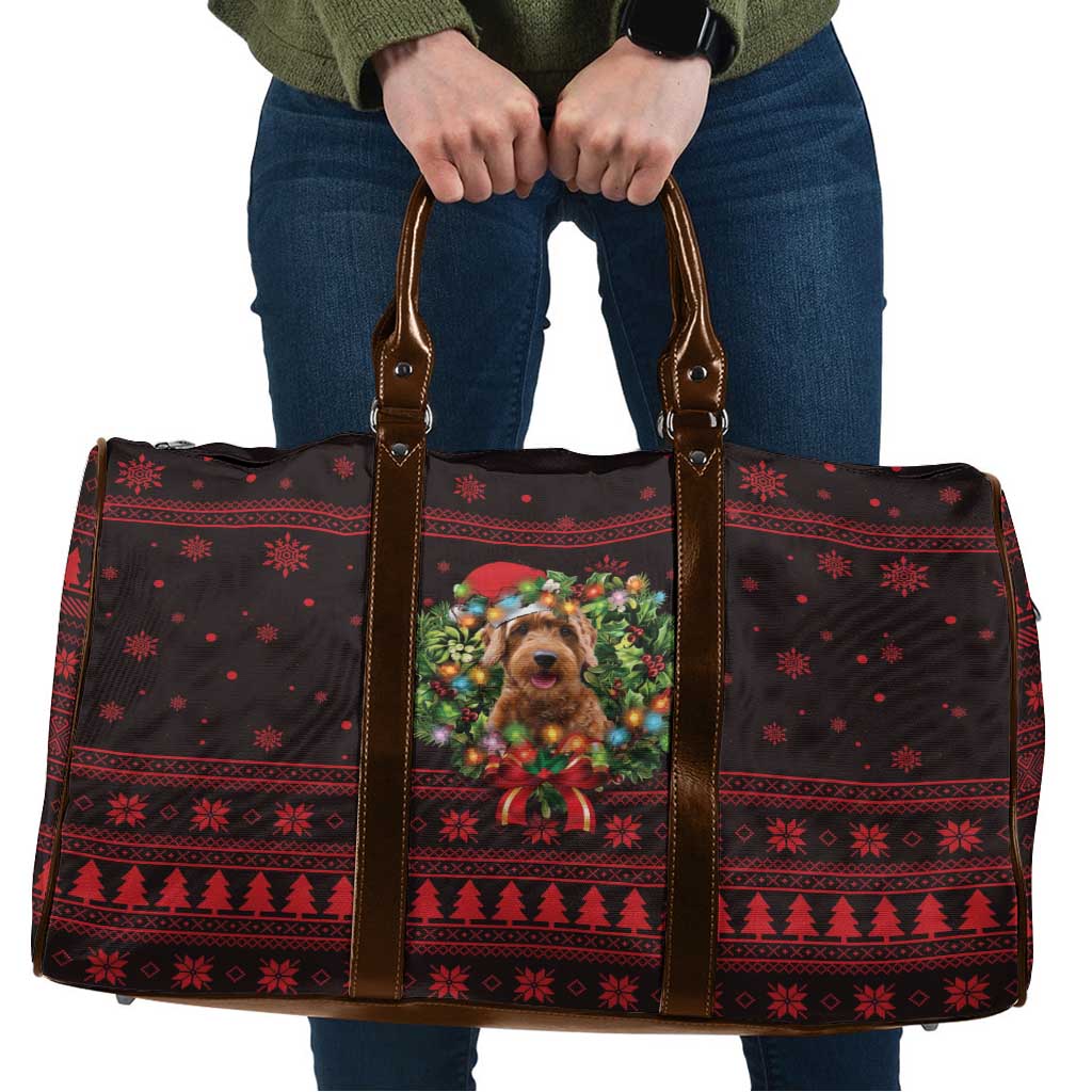 Wreath and Santa Dog in Red Travel Bag with Black Holiday Pattern Design - Wonder Print Shop