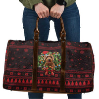 Wreath and Santa Dog in Red Travel Bag with Black Holiday Pattern Design - Wonder Print Shop