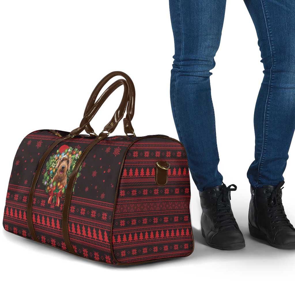 Wreath and Santa Dog in Red Travel Bag with Black Holiday Pattern Design - Wonder Print Shop