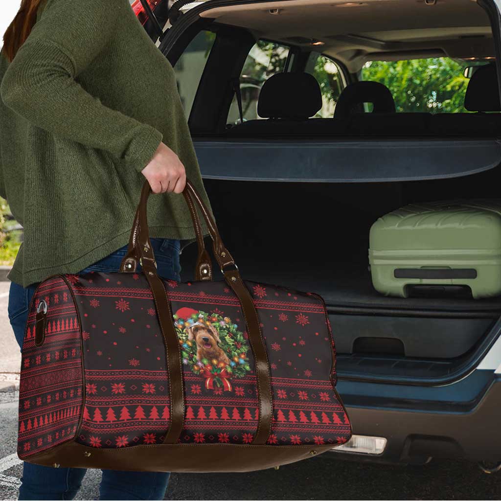 Wreath and Santa Dog in Red Travel Bag with Black Holiday Pattern Design - Wonder Print Shop