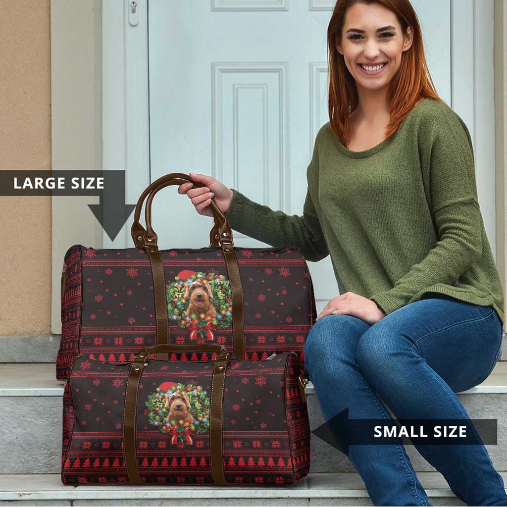 Wreath and Santa Dog in Red Travel Bag with Black Holiday Pattern Design - Wonder Print Shop