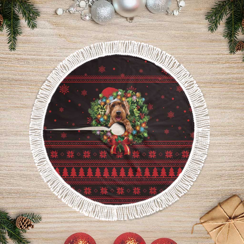 Wreath and Santa Dog in Red Tree Skirt with Black Holiday Pattern Design - Wonder Print Shop