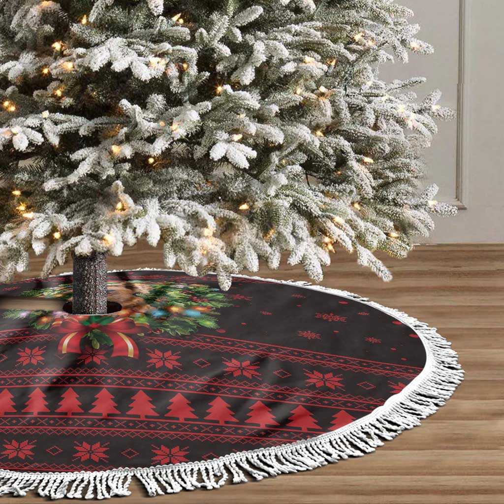 Wreath and Santa Dog in Red Tree Skirt with Black Holiday Pattern Design - Wonder Print Shop