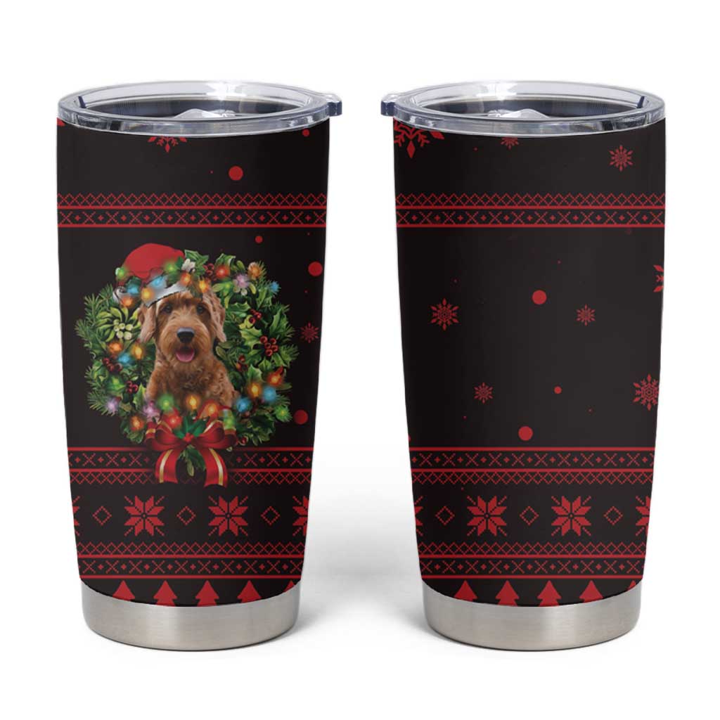 Wreath and Santa Dog in Red Tumbler Cup with Black Holiday Pattern Design - Wonder Print Shop