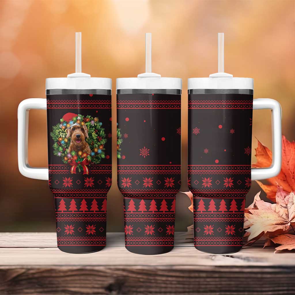 Wreath and Santa Dog in Red Tumbler With Handle with Black Holiday Pattern Design - Wonder Print Shop