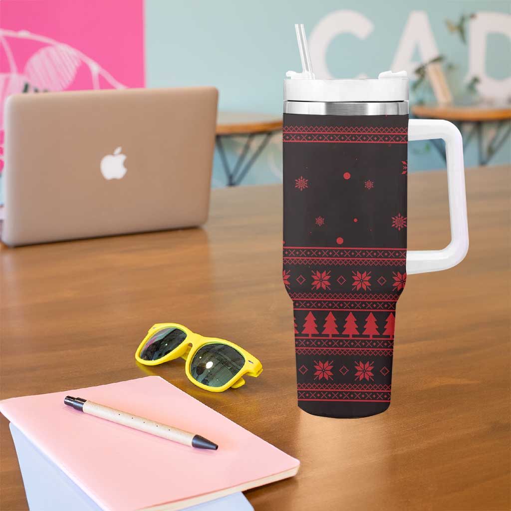 Wreath and Santa Dog in Red Tumbler With Handle with Black Holiday Pattern Design - Wonder Print Shop