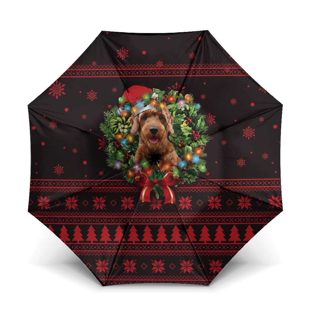 Wreath and Santa Dog in Red Umbrella with Black Holiday Pattern Design - Wonder Print Shop