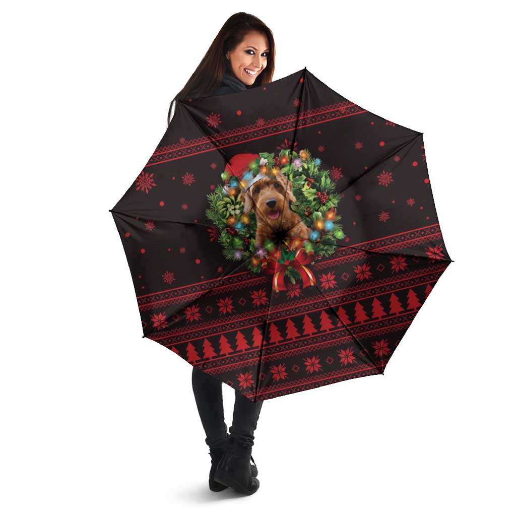 Wreath and Santa Dog in Red Umbrella with Black Holiday Pattern Design - Wonder Print Shop