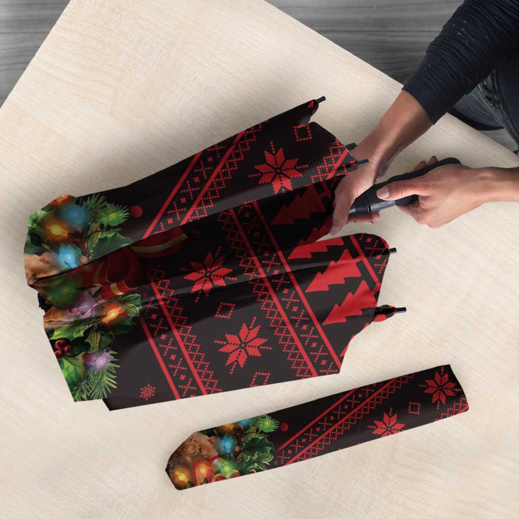 Wreath and Santa Dog in Red Umbrella with Black Holiday Pattern Design - Wonder Print Shop