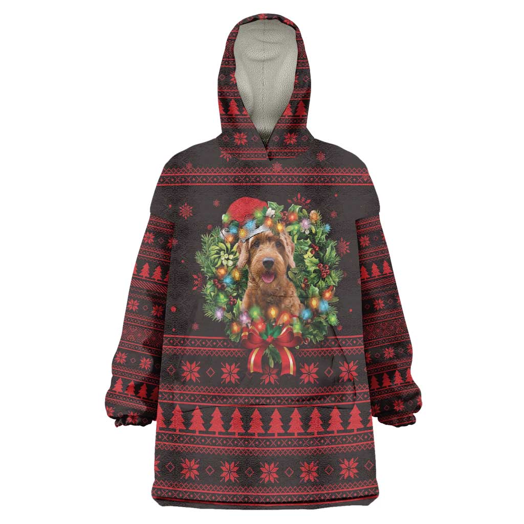 Wreath and Santa Dog in Red Wearable Blanket Hoodie with Black Holiday Pattern Design - Wonder Print Shop