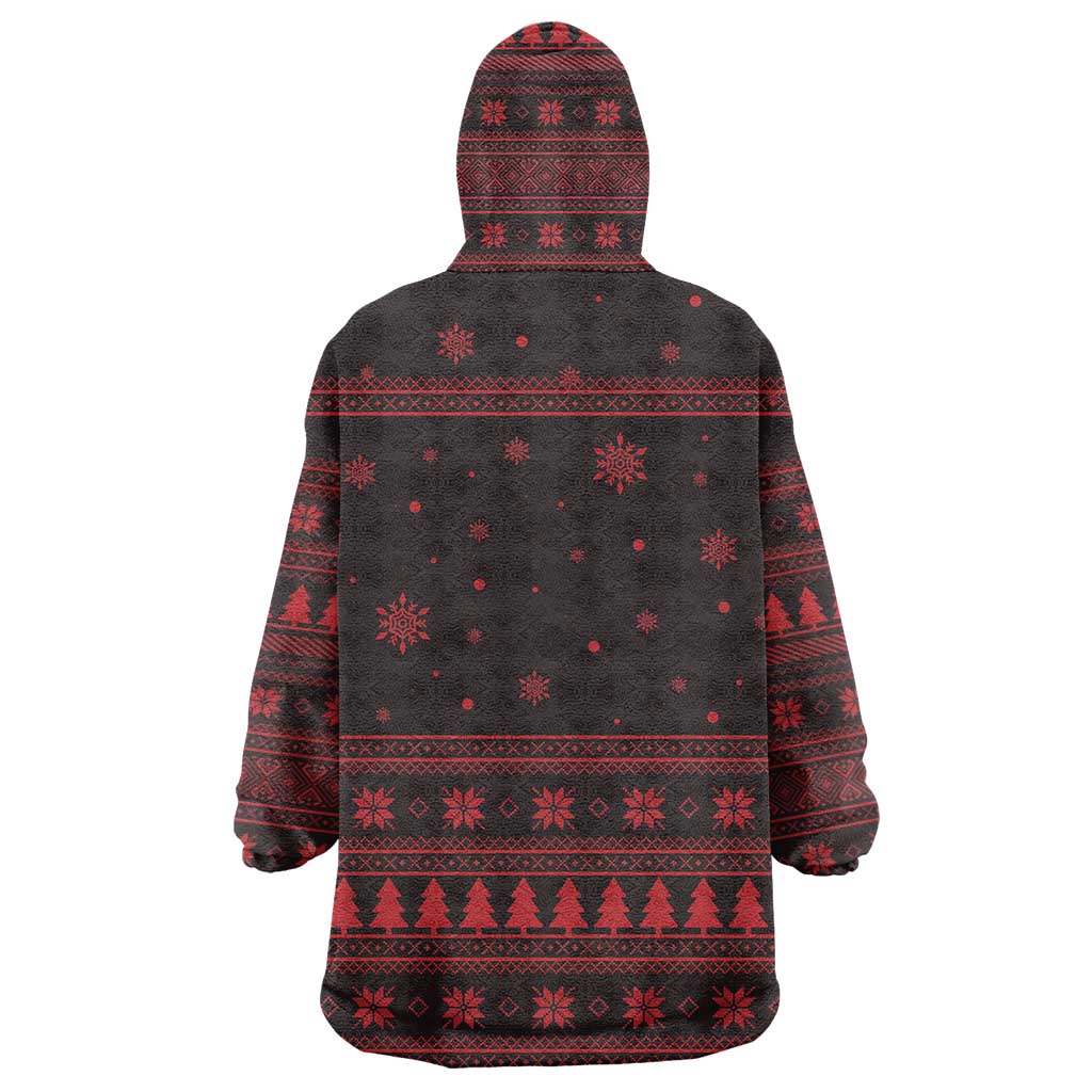 Wreath and Santa Dog in Red Wearable Blanket Hoodie with Black Holiday Pattern Design - Wonder Print Shop