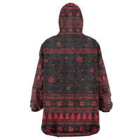 Wreath and Santa Dog in Red Wearable Blanket Hoodie with Black Holiday Pattern Design - Wonder Print Shop