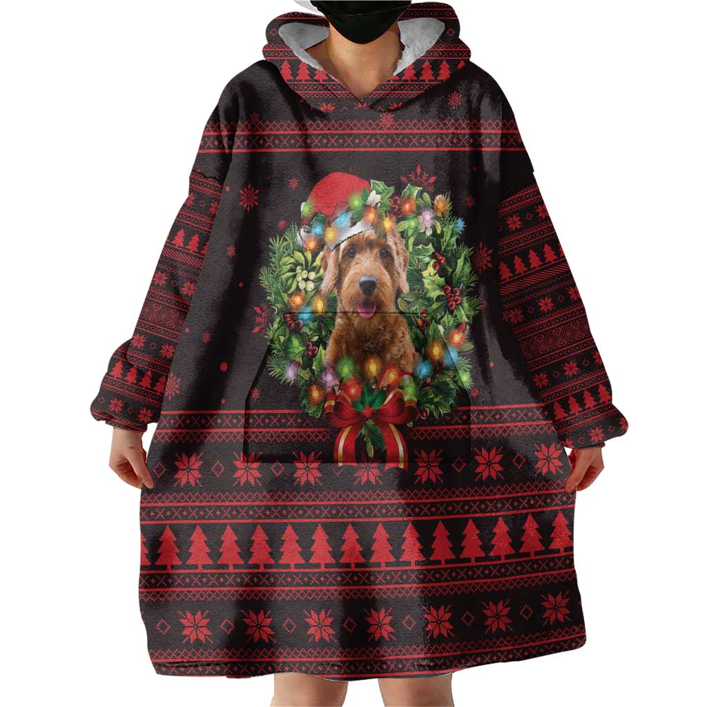 Wreath and Santa Dog in Red Wearable Blanket Hoodie with Black Holiday Pattern Design - Wonder Print Shop