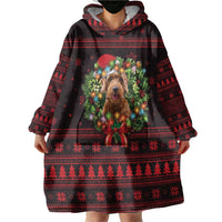 Wreath and Santa Dog in Red Wearable Blanket Hoodie with Black Holiday Pattern Design - Wonder Print Shop