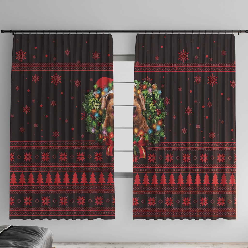 Wreath and Santa Dog in Red Window Curtain with Black Holiday Pattern Design - Wonder Print Shop
