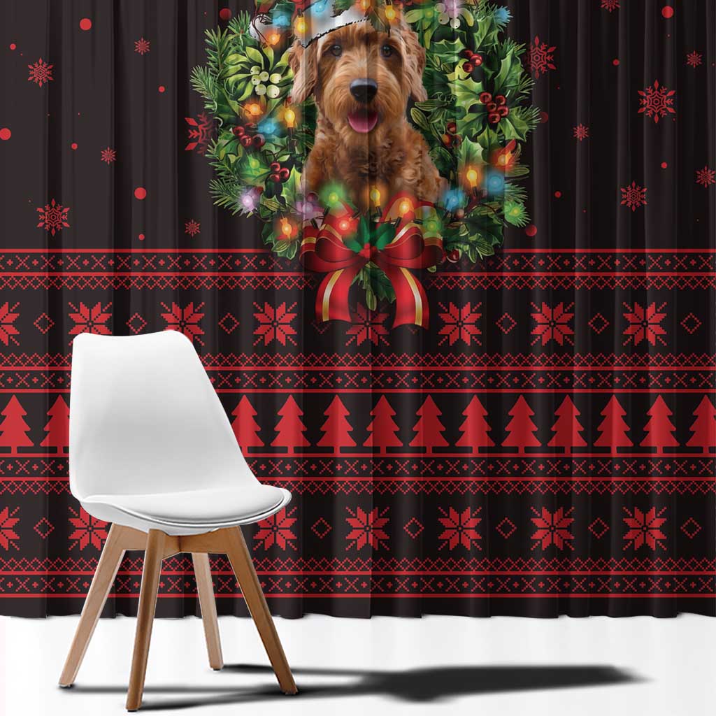 Wreath and Santa Dog in Red Window Curtain with Black Holiday Pattern Design - Wonder Print Shop