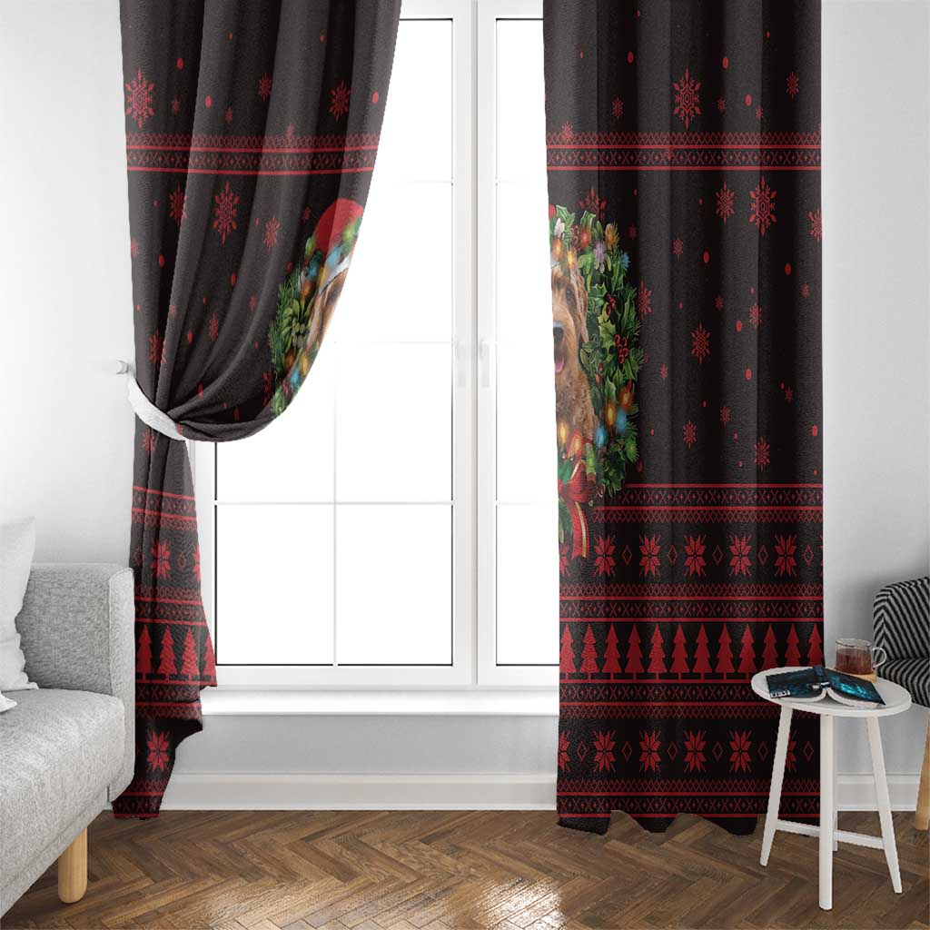 Wreath and Santa Dog in Red Window Curtain with Black Holiday Pattern Design - Wonder Print Shop