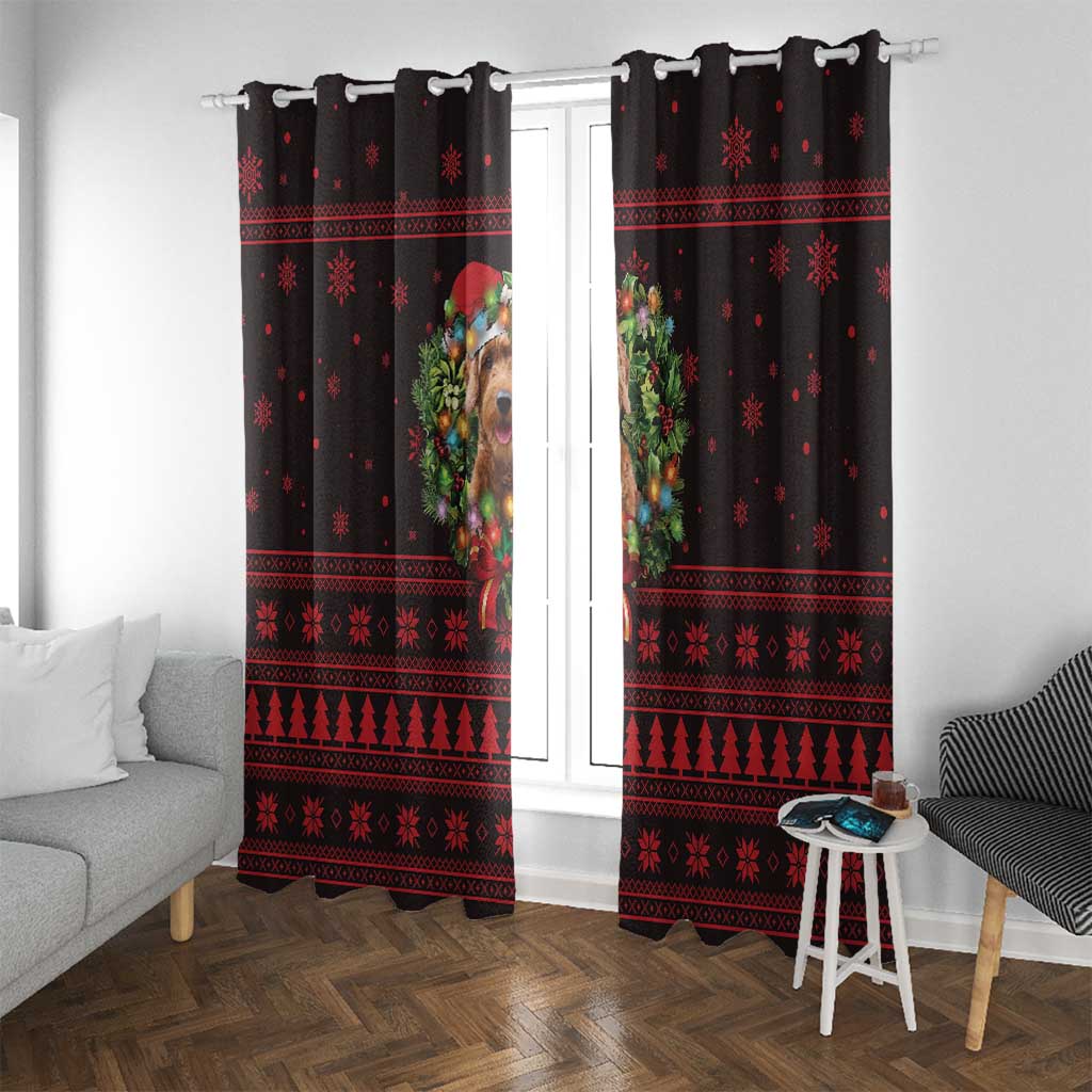 Wreath and Santa Dog in Red Window Curtain with Black Holiday Pattern Design - Wonder Print Shop