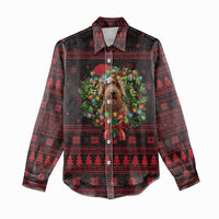 Wreath and Santa Dog in Red Women Casual Shirt with Black Holiday Pattern Design - Wonder Print Shop