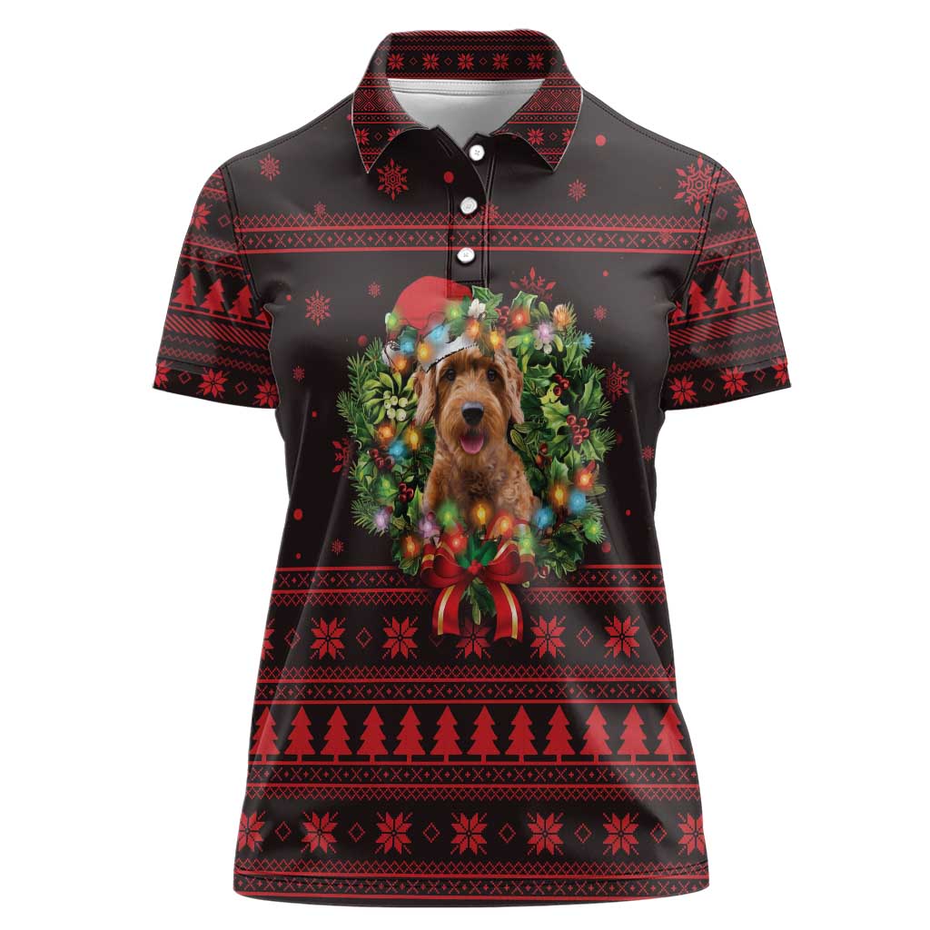 Wreath and Santa Dog in Red Women Polo Shirt with Black Holiday Pattern Design - Wonder Print Shop