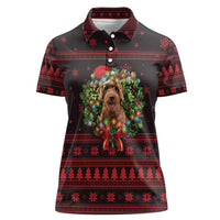 Wreath and Santa Dog in Red Women Polo Shirt with Black Holiday Pattern Design - Wonder Print Shop