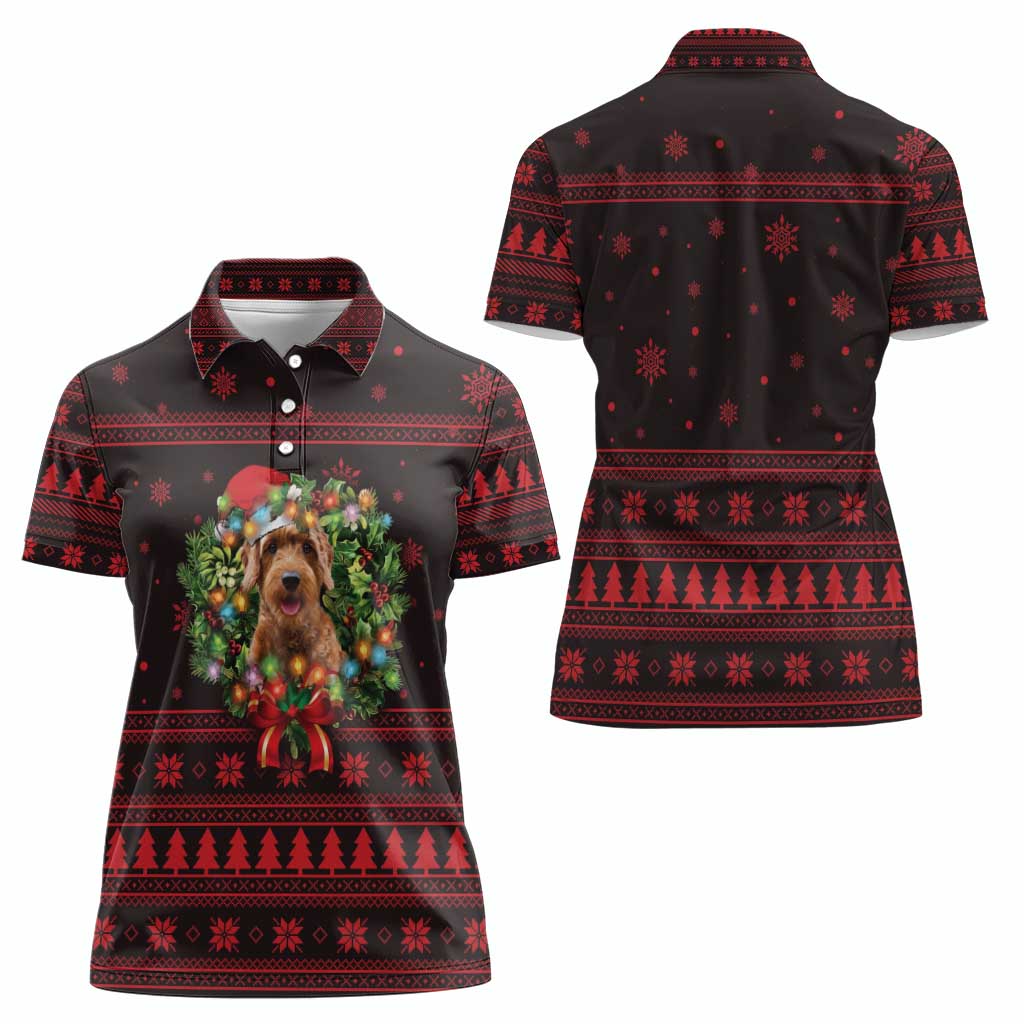 Wreath and Santa Dog in Red Women Polo Shirt with Black Holiday Pattern Design - Wonder Print Shop