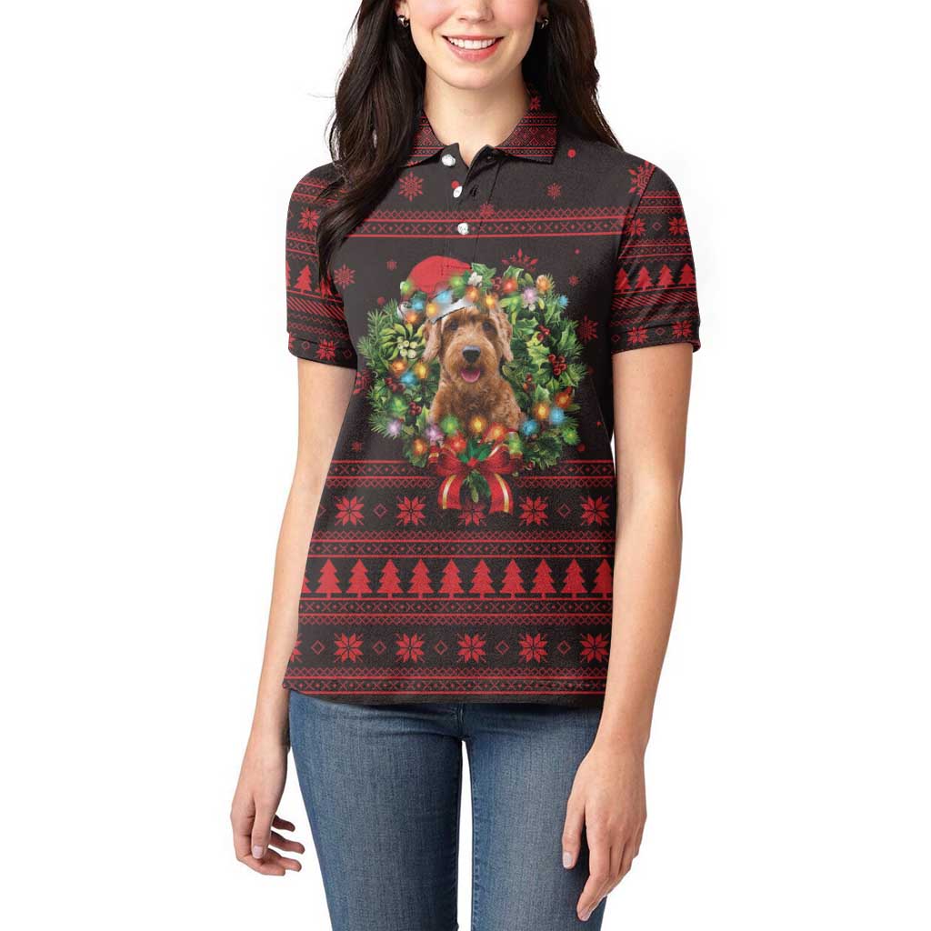 Wreath and Santa Dog in Red Women Polo Shirt with Black Holiday Pattern Design - Wonder Print Shop
