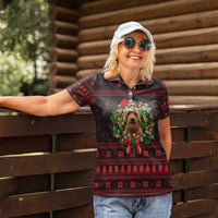 Wreath and Santa Dog in Red Women Polo Shirt with Black Holiday Pattern Design - Wonder Print Shop