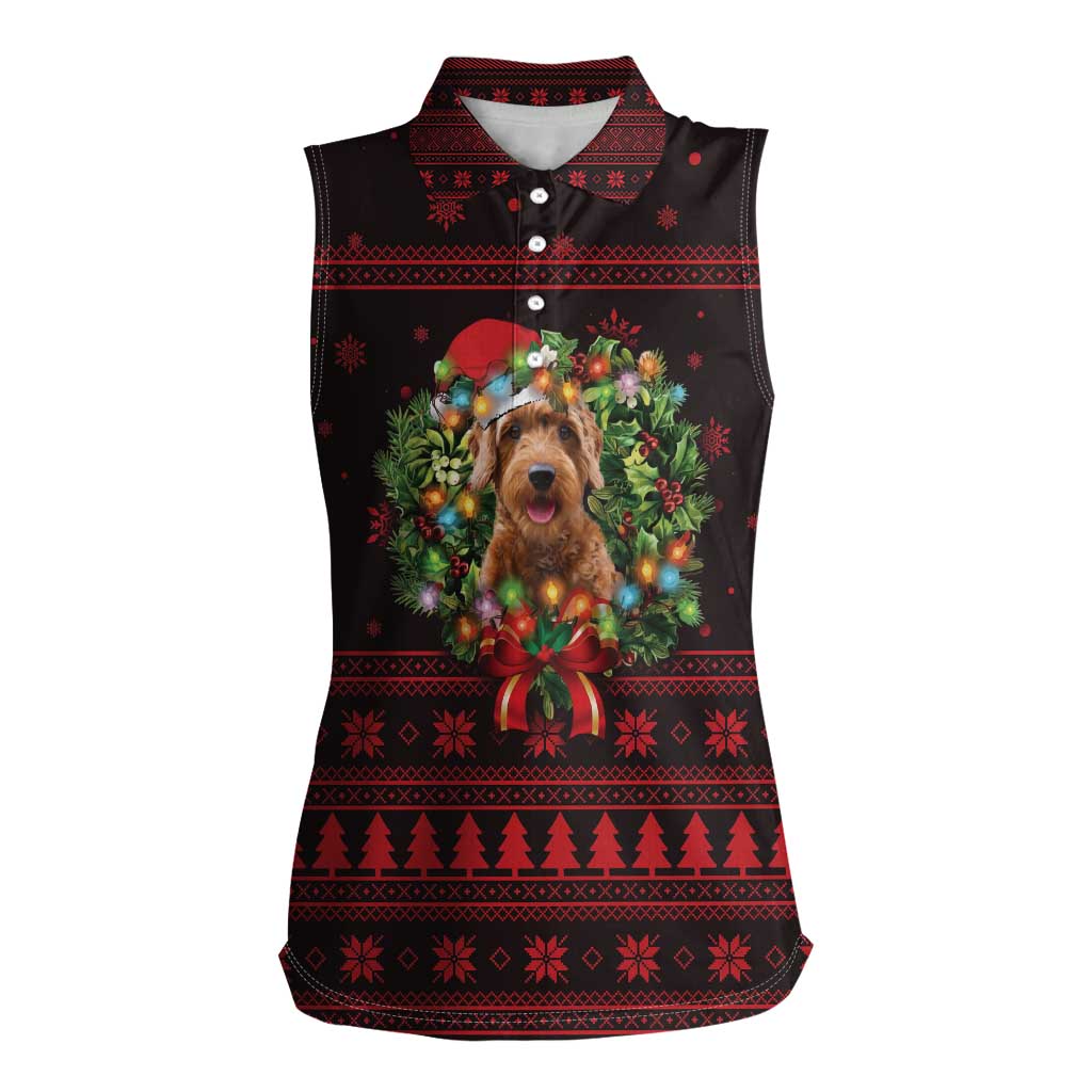 Wreath and Santa Dog in Red Women Sleeveless Polo Shirt with Black Holiday Pattern Design - Wonder Print Shop