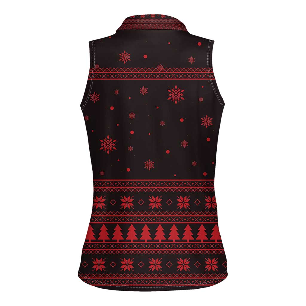Wreath and Santa Dog in Red Women Sleeveless Polo Shirt with Black Holiday Pattern Design - Wonder Print Shop