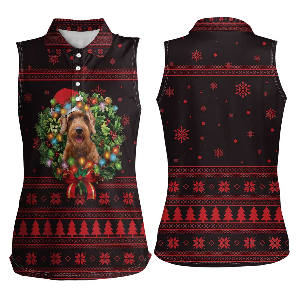 Wreath and Santa Dog in Red Women Sleeveless Polo Shirt with Black Holiday Pattern Design - Wonder Print Shop
