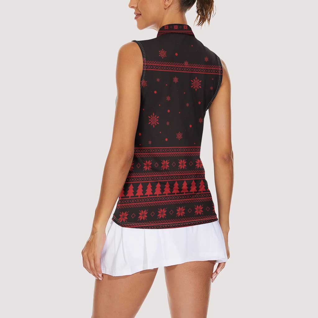 Wreath and Santa Dog in Red Women Sleeveless Polo Shirt with Black Holiday Pattern Design - Wonder Print Shop