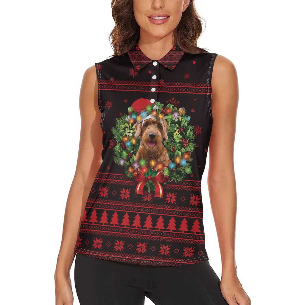 Wreath and Santa Dog in Red Women Sleeveless Polo Shirt with Black Holiday Pattern Design - Wonder Print Shop