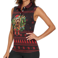 Wreath and Santa Dog in Red Women Sleeveless Polo Shirt with Black Holiday Pattern Design - Wonder Print Shop