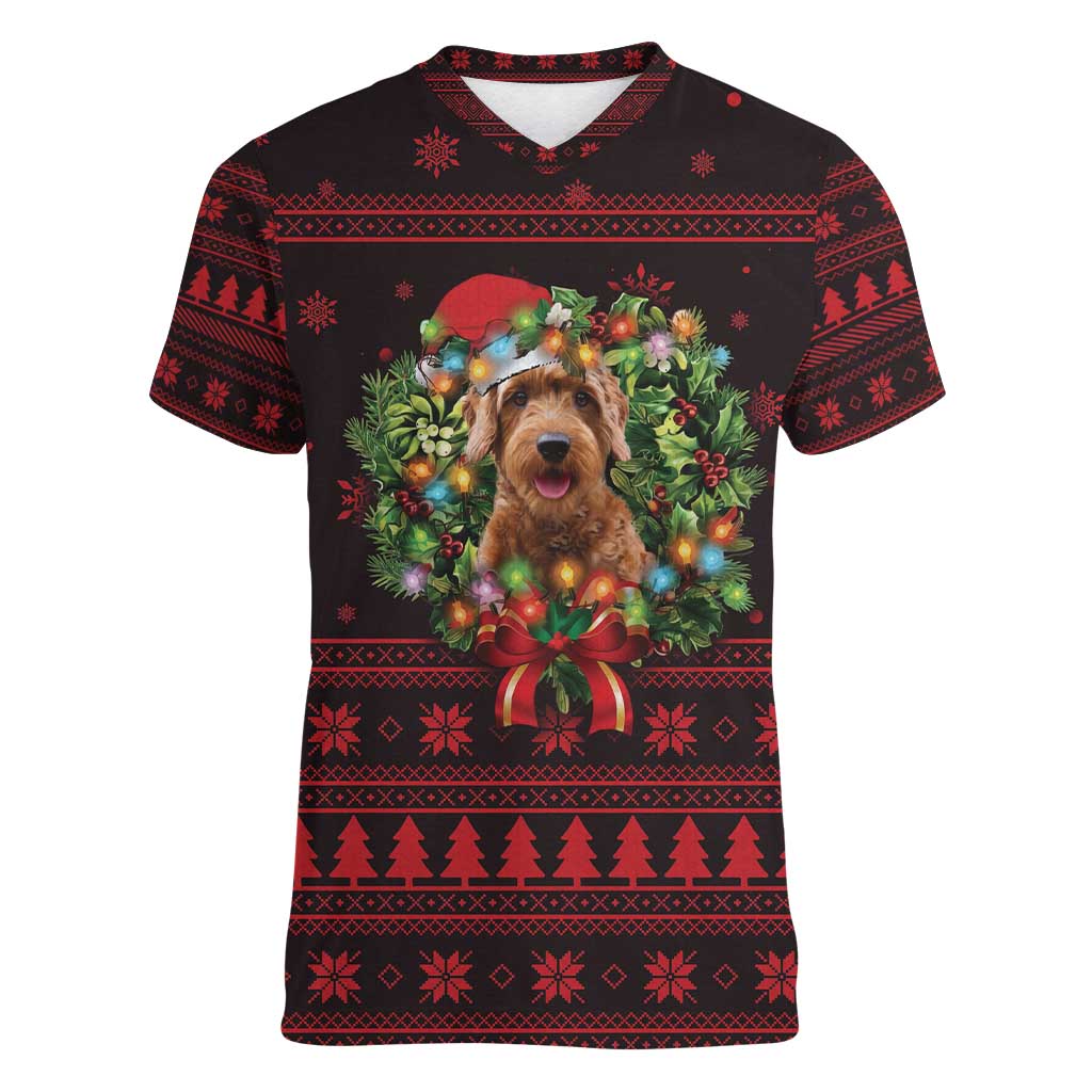 Wreath and Santa Dog in Red Women V-Neck T-Shirt with Black Holiday Pattern Design - Wonder Print Shop
