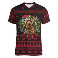 Wreath and Santa Dog in Red Women V-Neck T-Shirt with Black Holiday Pattern Design - Wonder Print Shop