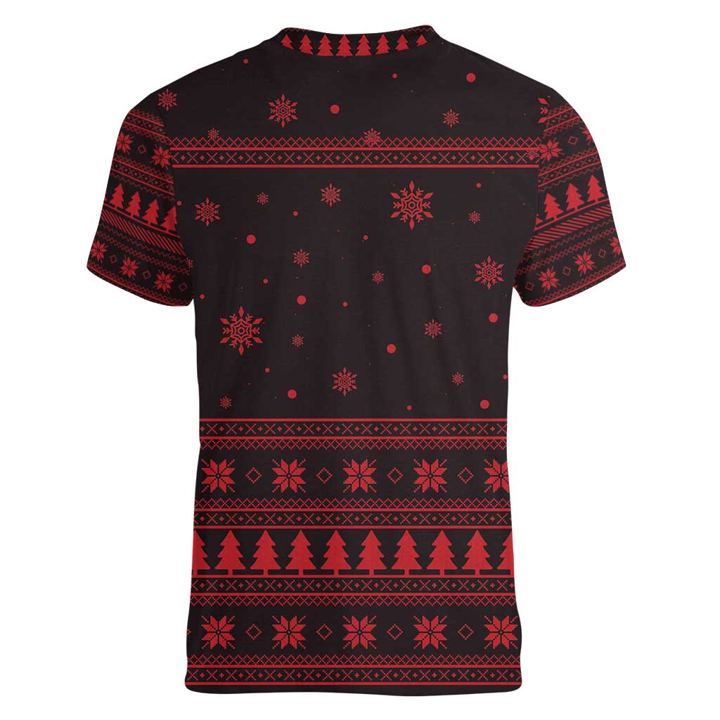 Wreath and Santa Dog in Red Women V-Neck T-Shirt with Black Holiday Pattern Design - Wonder Print Shop