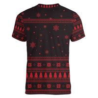 Wreath and Santa Dog in Red Women V-Neck T-Shirt with Black Holiday Pattern Design - Wonder Print Shop