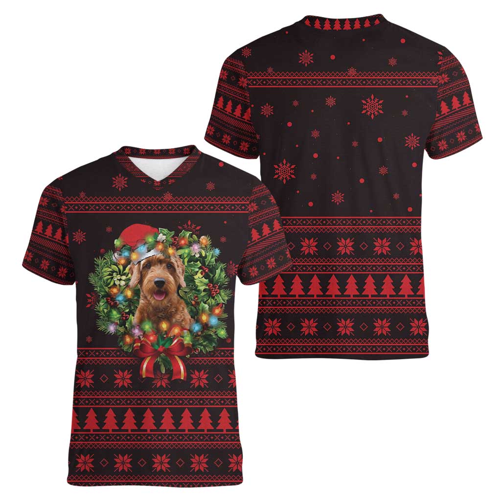 Wreath and Santa Dog in Red Women V-Neck T-Shirt with Black Holiday Pattern Design - Wonder Print Shop