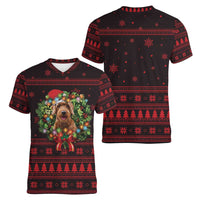 Wreath and Santa Dog in Red Women V-Neck T-Shirt with Black Holiday Pattern Design - Wonder Print Shop
