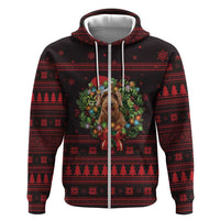 Wreath and Santa Dog in Red Zip Hoodie with Black Holiday Pattern Design - Wonder Print Shop