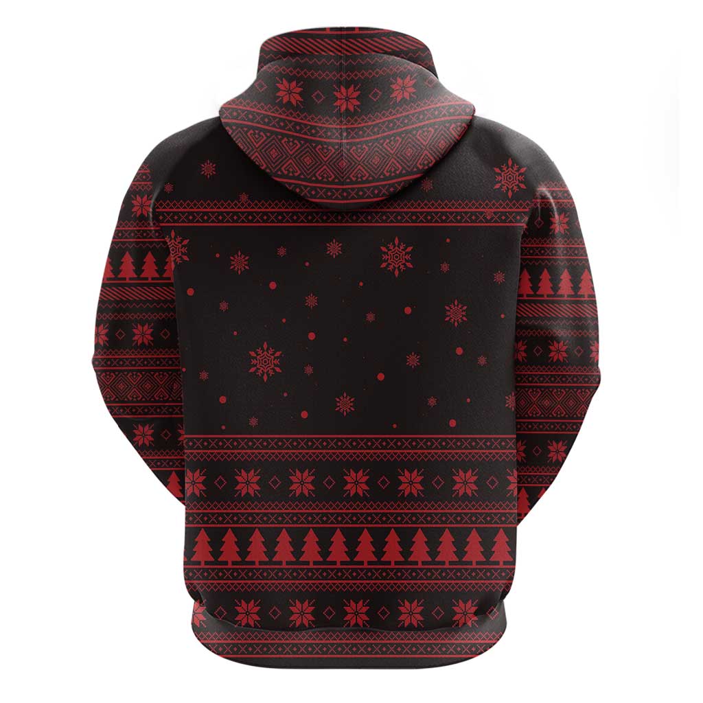 Wreath and Santa Dog in Red Zip Hoodie with Black Holiday Pattern Design - Wonder Print Shop